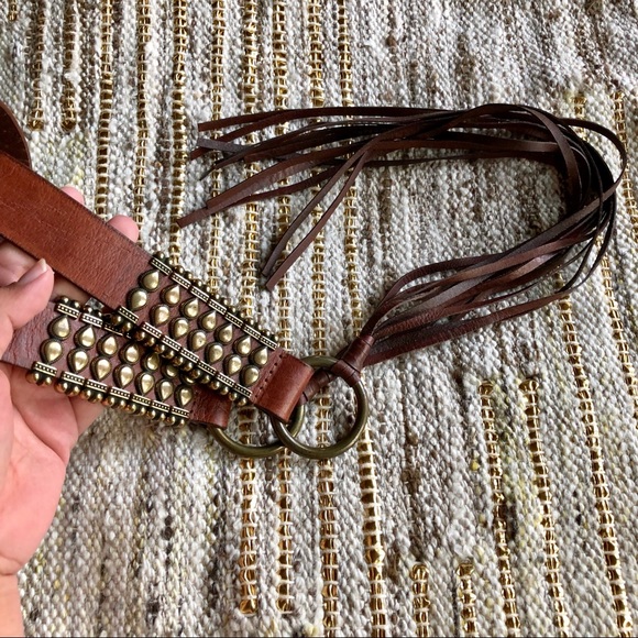 Genuine leather tie tassels belt brown S/M - Picture 3 of 5